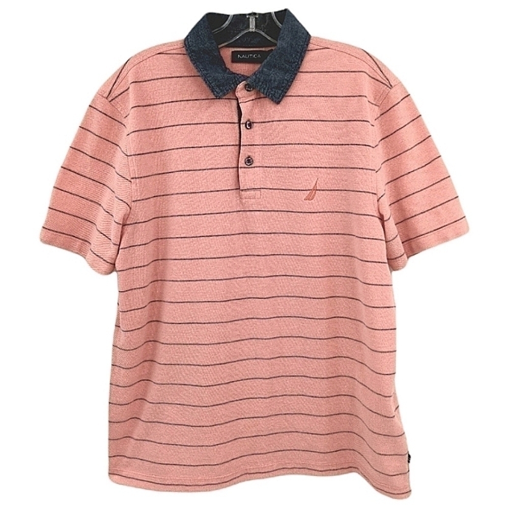 Nautica EUC Men's L Pink Navy Blue Striped Shirt